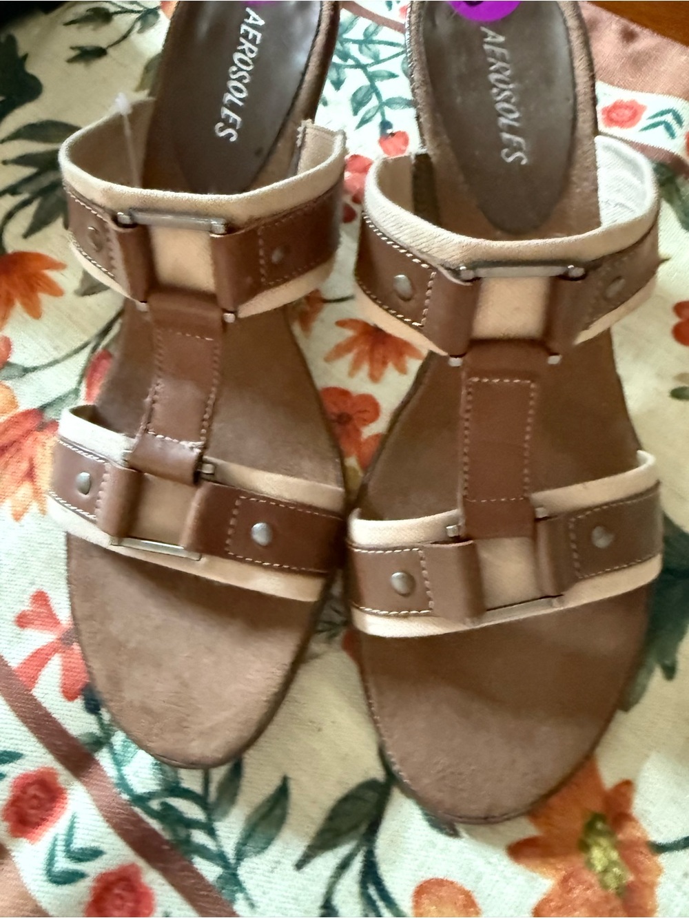 AEROSOLES Brown and Cream Strappy Comfort Heeled Sandals